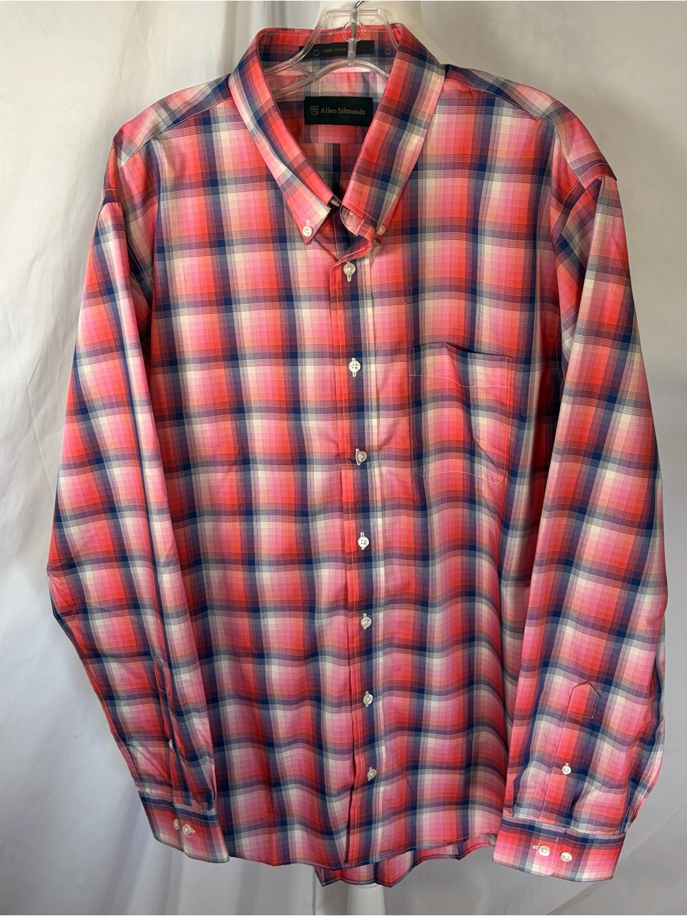 Allen Edmonds Men’s Plaid Button-Down Dress Shirt Coral & Navy Size XXL